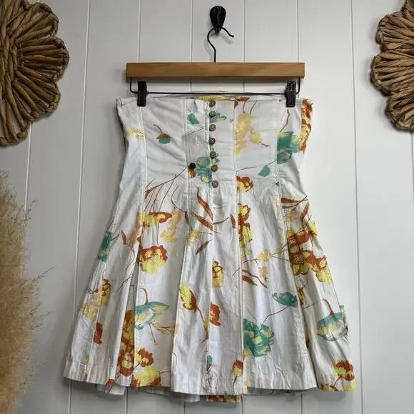 Free People floral mini dress strapless pleated spring summer cotton Medium - Picture 6 of 9